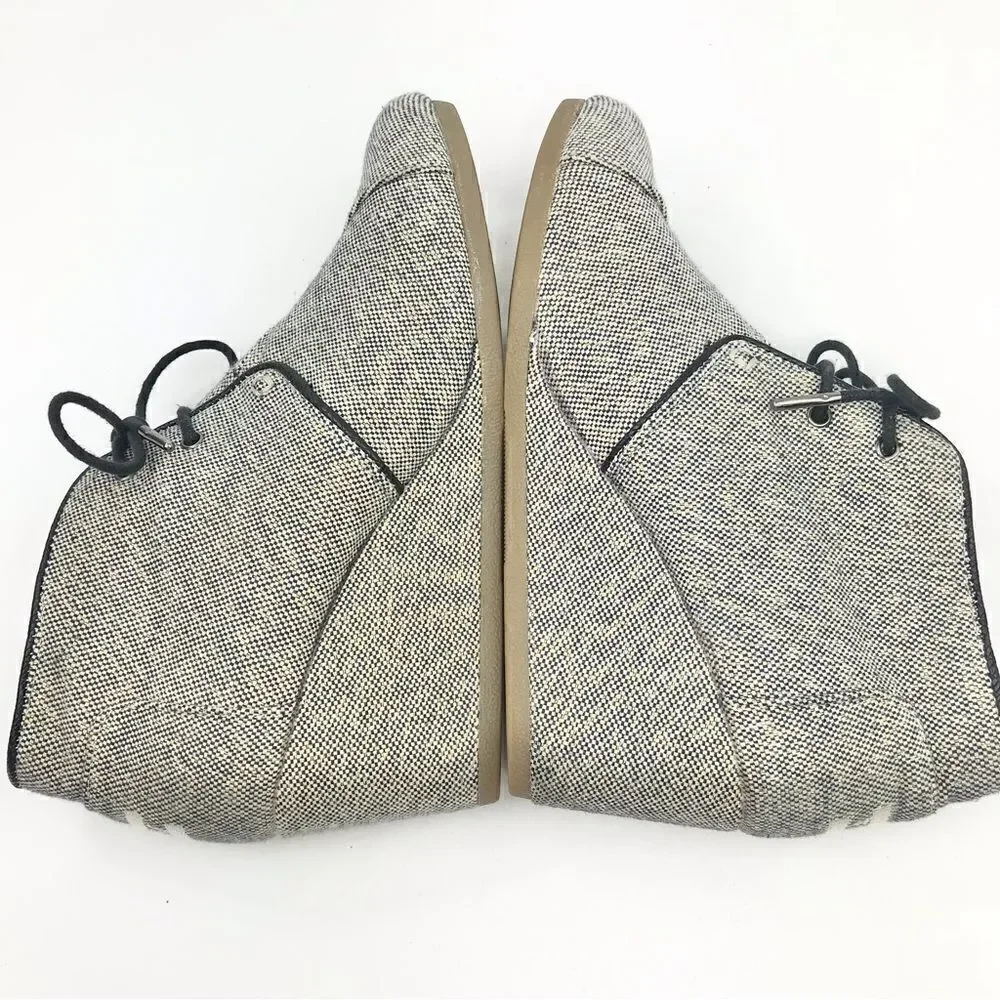 Toms KALA Beige Gold Black Sparkle Tweed Lace Up Wedge Heel Shoes